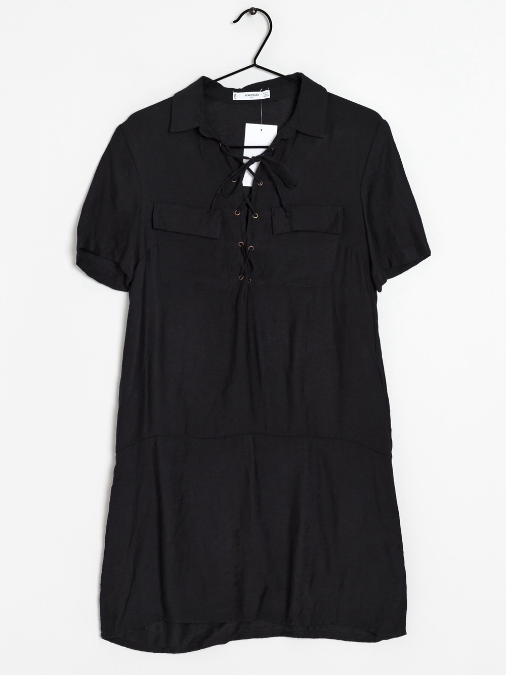 MANGO Black Linen Short Sleeve Dress